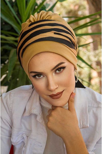 Aişe tesettür Camel Zebra Bonnet with Premade Band