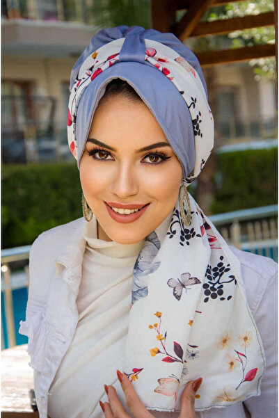 Aişe tesettür Grri Lila Pălărie cu model floral și eșarfă