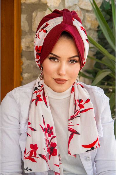 Aişe tesettür Bone Burgundy White Floral Patterned Hat