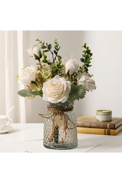 Generic Fake Flowers, Silk Roses Artificial Flowers In Vase, White Faux Flower Arrangement