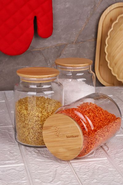 Bambum Vacuum 800ml Glass Storage Container with Bamboo Lid - 3 Pieces