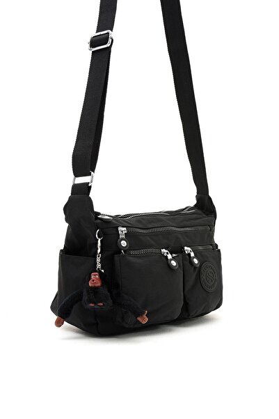 Sanmorris Black Crinkle Fabric - Water Resistant Shoulder Bag, Crossbody Strap, Medium Size Compartment
