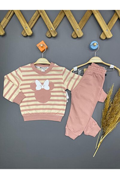 KIZ BEBEK ÇİZGİ BASKILI PAMUK 2 Lİ TAKIM
