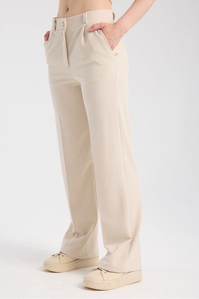 ZERTEX Women's Stone Color Double Pocket Lighral Belt Rubber Detail Zipper High Waist Clamp Crepe Style Pants.