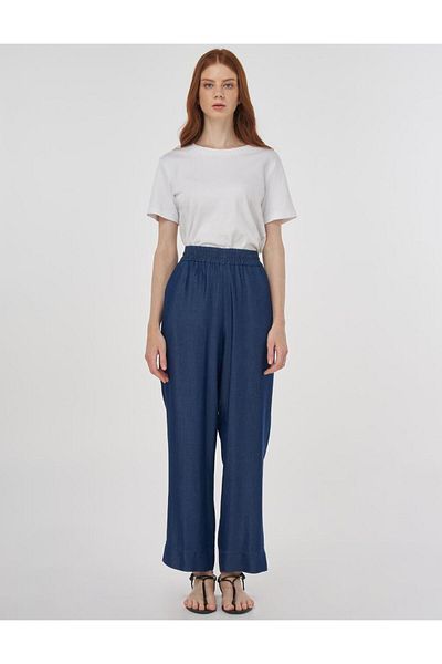 KYR Wide Leg Lyocell Trousers Navy Blue