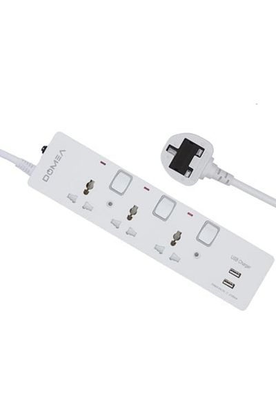 DOMEA 3-Way Power Extension Strip with Individual Switches, 2 USB Ports, Universal Socket Design, 3-