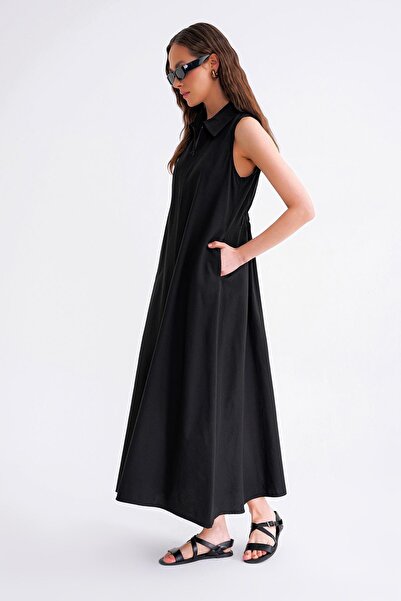 Mixray 4692 Γυναικείο πουκάμισο με γιακά με φερμουάρ Midi φόρεμα Oxford μαύρο