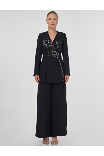 Kayra Sequin Embroidered Double Suit Black