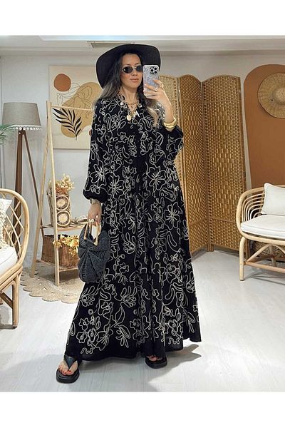 QUAWEAR V-Neck Embroidered Linen Fabric Full Length Dress