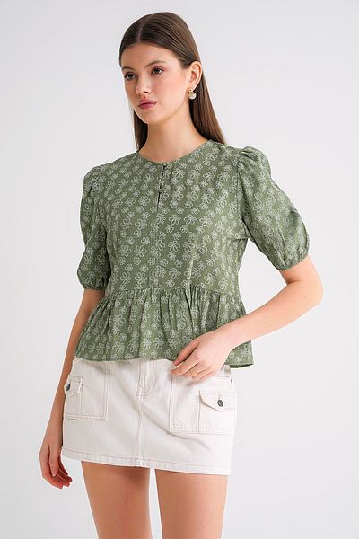 Mixray 4688 Women's Balloon Sleeve Floral Patterned Peplum Blouse Khaki