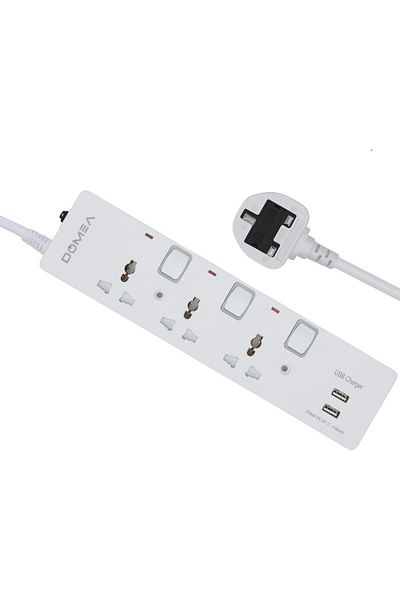 DOMEA 3-Way Power Extension Strip with Individual Switches, 2 USB Ports, Universal Socket Design, 3-