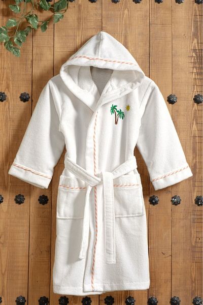 Mulberry White Hooded Cotton Children's Bathrobe - Palm Embroidery