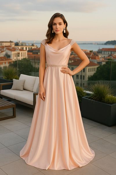 Neva Style Βραδινό φόρεμα με χάντρες με λεπτομέρεια Salmon Satin Bulava 44260smn