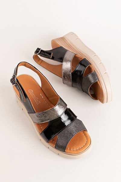 Gondol Genuine Leather Colorful Combination Wedge Heeled Sandals Mlk.5808 Black Combination