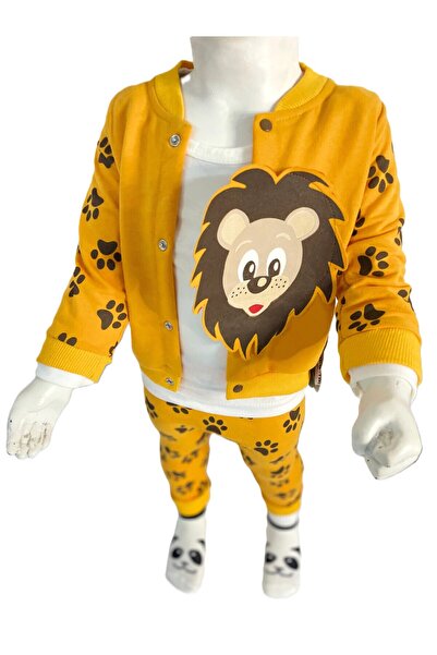 ZİMBOO ANIMAL FIGURED LION CARDIGAN UNISEX 3-PIECE SET BABY SET