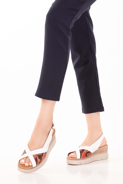 Gondol Hakiki Deri Renkli Kombin Dolgu Topuklu Sandalet Mlk.5807 Beyaz