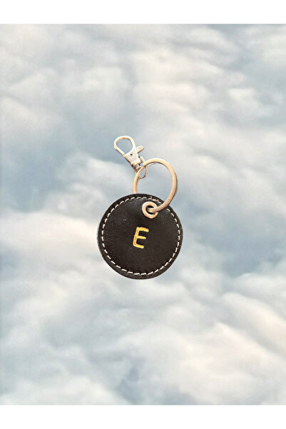 Pinkylola E harfli yuvarlak siyah hakiki deri anahtarlık, çanta süsü ( kuzu deri -yumuşak )
