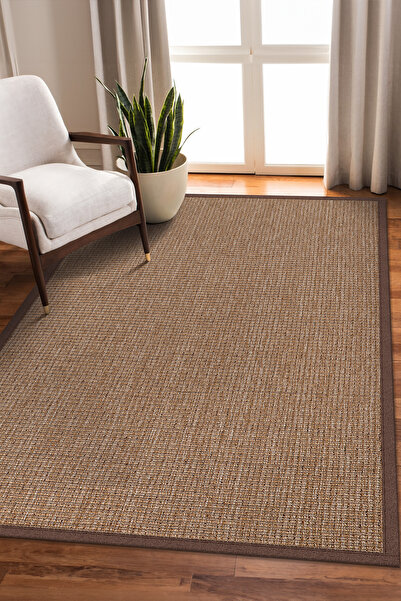 SARAZ HALI 0465-Kahverengi Kumaş Bordür Sisal Jut Halı Kilim Hav Toz Vermez Kolay Temizlenen Hasır Kilim