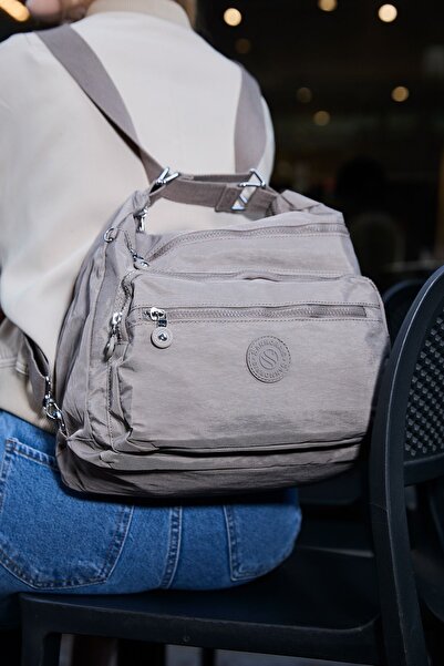 Sanmorris Women's 7 Compartment Crinkle Fabric Water Resistant Mink Shoulder and Backpack