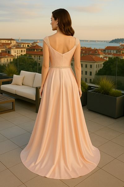 Neva Style Βραδινό φόρεμα με χάντρες με λεπτομέρεια Salmon Satin Bulava 44260smn