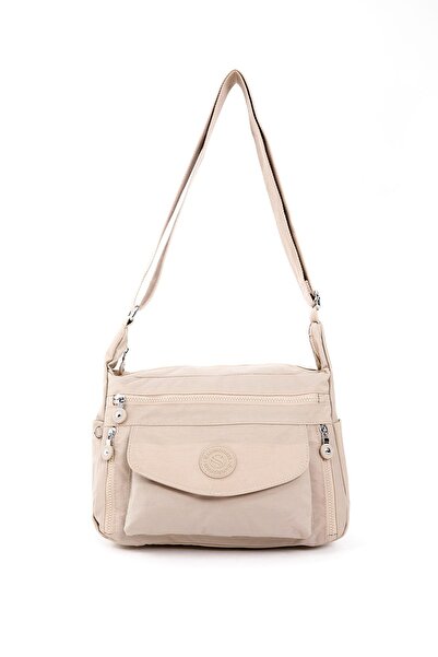 Sanmorris Women's Waterproof Crinkle Fabric Multi-Compartment Adjustable Cross Strap Cream Colored Shoulder Bag