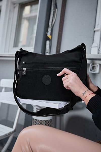 Sanmorris Women's Water Resistant Fabric 5 Compartment Cross Strap Black School Travel and Shoulder Bag