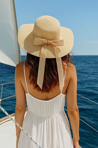 Trend Şapka 14232-32 Pălărie de paie lată bej cu fundă din frânghie de iută