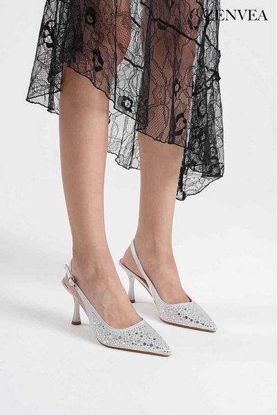 Zenvea Women's Orthopedic Evening Dress Silver Stone Detailed Back Open Pointed Toe Heel 7cm