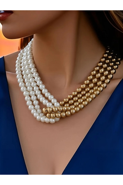 Bujiteri Vintage Fransız Çok Katmanlı Ve Boncuklu Kolye - 18k Altın Kaplama Şık Kadın Kolye