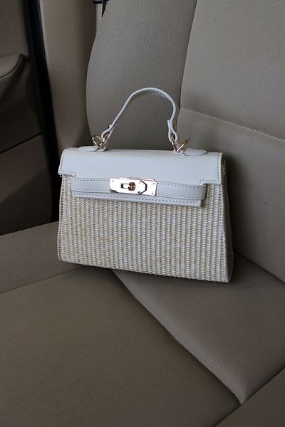 Mimoza Women's Cream Leather Detailed Straw Hand and Shoulder Bag