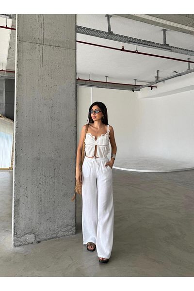 BERBUR STORE Λευκό λινό παντελόνι χαλαρής εφαρμογής