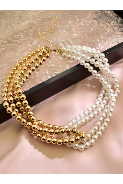 Bujiteri Vintage Fransız Çok Katmanlı Ve Boncuklu Kolye - 18k Altın Kaplama Şık Kadın Kolye