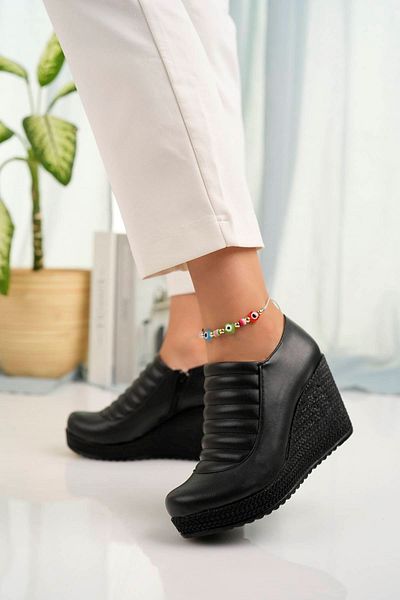epaavm Wedge Sole Zippered Black Leather Women's Shoes