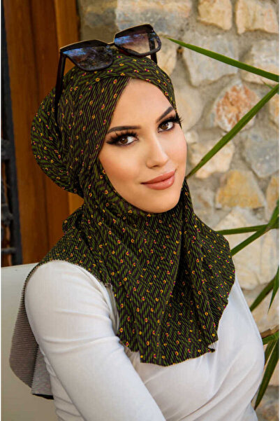 Aişe tesettür Khaki Pattern Cross Banded Sports Bonnet Shawl