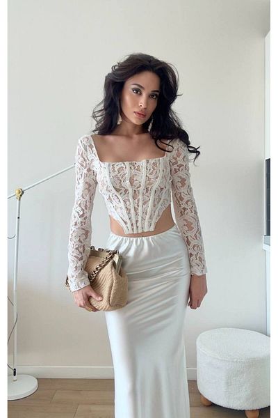 LOCH BUTİK Women's White Long Sleeve Lace Bustier