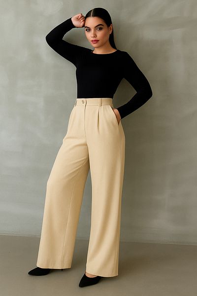 Tutals Women's Beige Color Lycra Flowy High Waist Wide Leg Comfortable Fit Palazzo Pants