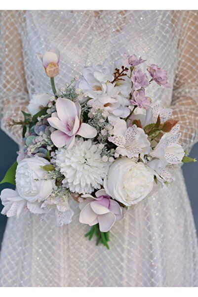 DUGİNA Gerçek Görünüm Gelin Buketi Beyaz Lila Mor Şakayık Manolya Şebboy Damat Yaka Çiçeği Özel Tasarım