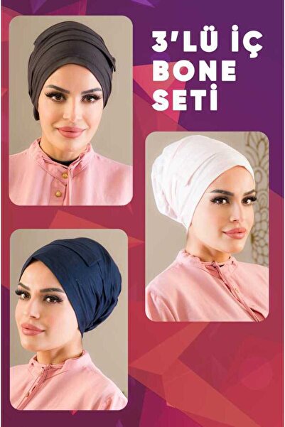 Aişe tesettür 3'lü Iç Bone Set-haki-lacivert-pudra