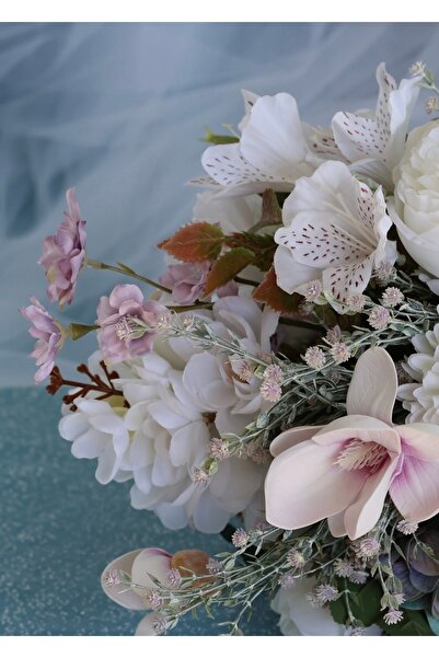 DUGİNA Gerçek Görünüm Gelin Buketi Beyaz Lila Mor Şakayık Manolya Şebboy Damat Yaka Çiçeği Özel Tasarım