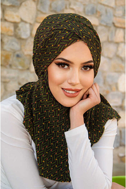 Aişe tesettür Khaki Pattern Cross Banded Sports Bonnet Shawl