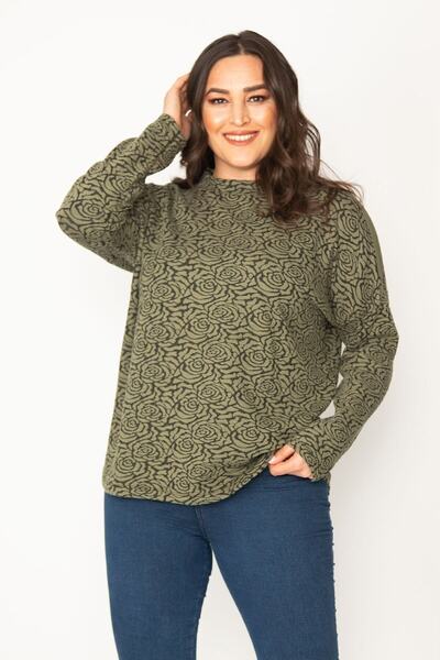 Şans Women's Large Size Khaki Jacquard Patterned Crew Neck Long Sleeve Tunic 65n30418