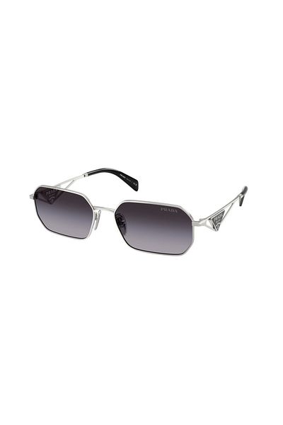 Prada نظارة شمسية نسائية بتصميم غير منتظم - موديل Pr A51s - مقاس العدسة: 58 مم - فضي