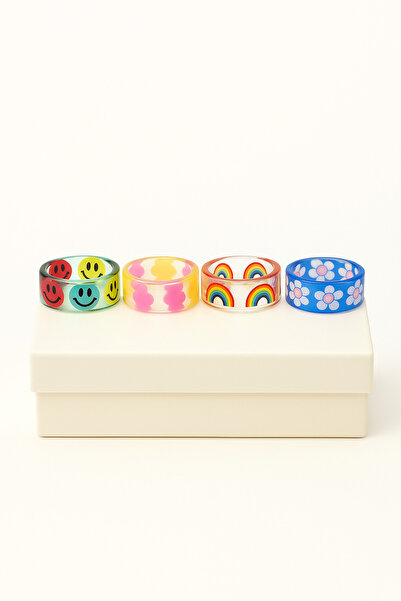 MakeWell Epoxy Kids Rings with Flower Butterfly Rainbow Cloud Yinyang Design