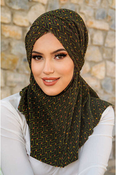 Aişe tesettür Khaki Pattern Cross Banded Sports Bonnet Shawl