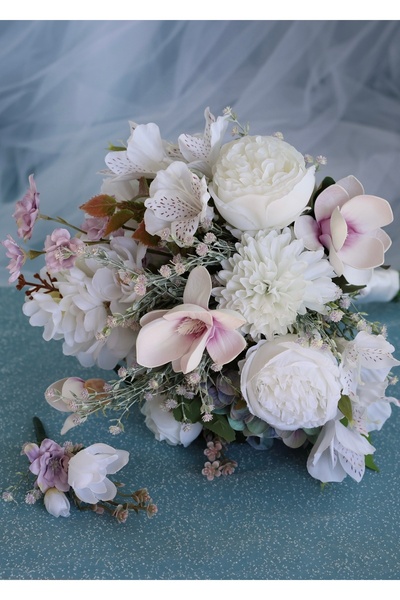 DUGİNA Gerçek Görünüm Gelin Buketi Beyaz Lila Mor Şakayık Manolya Şebboy Damat Yaka Çiçeği Özel Tasarım