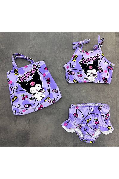 Arya Nisa Kids Girl's Kuromi Printed 3 Piece Summer Vacation 1St Quality Mold Purple Bikini Swimsuit Set with Holiday Bag