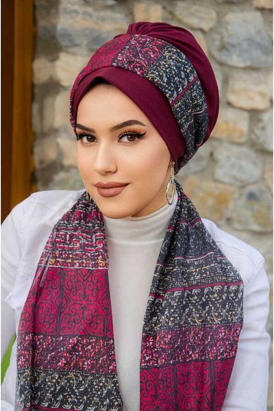 Aişe tesettür Claret Red Ethnic Pattern Scarf Bonnet