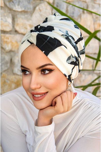 Aişe tesettür Smoked White Patterned Ready Twisted Knot Bonnet