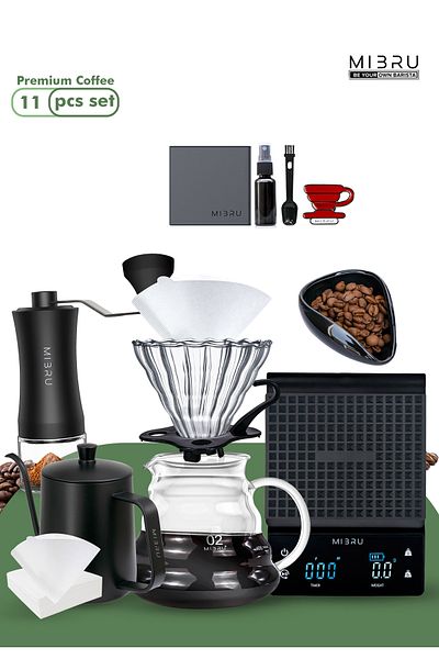 MIBRU V60 Coffee Pour Over 13-Piece Set – Dripper, Filter, Kettle, Grinder, Scale, Server