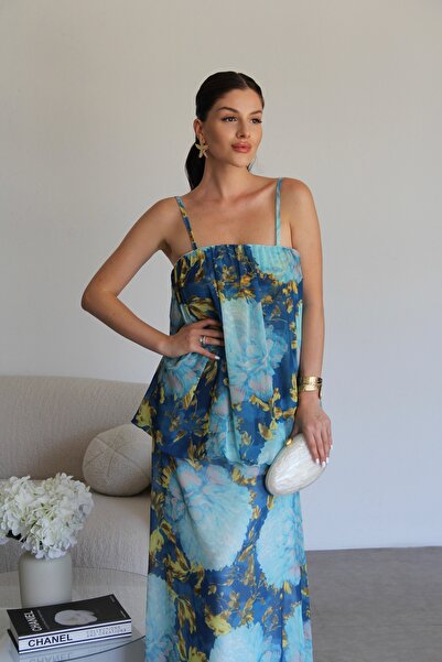 Julidress Mavi Desenli Katlı Tasarım Premium Şifon Elbise